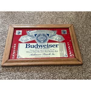 Vintage BUDWEISER Beer Bar Wood Framed Mirror "King of Beers" 1987 18" x 12" USA
